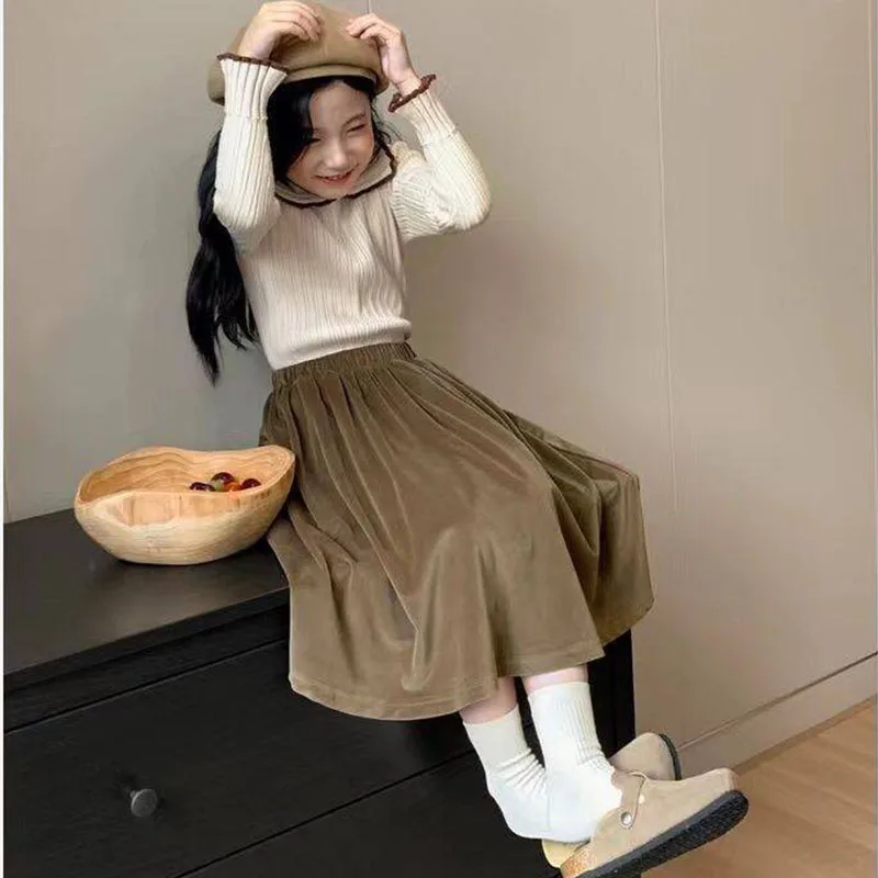 Children Autumn Big Girls Long Skirts Vintage Solid Color Fall Skirt Student Uniform 2024 New 3 4 5 6 7 8 9 10 11 12 13 14 Years