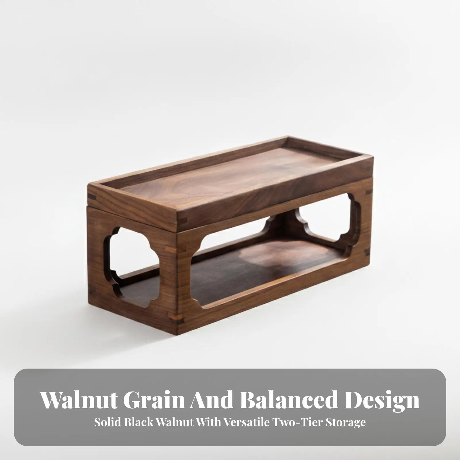 Solid Wood Wooden Desktop Storage Rack | Decorative Cutout Side Panels, Tabletop Organizer with Raised Tray