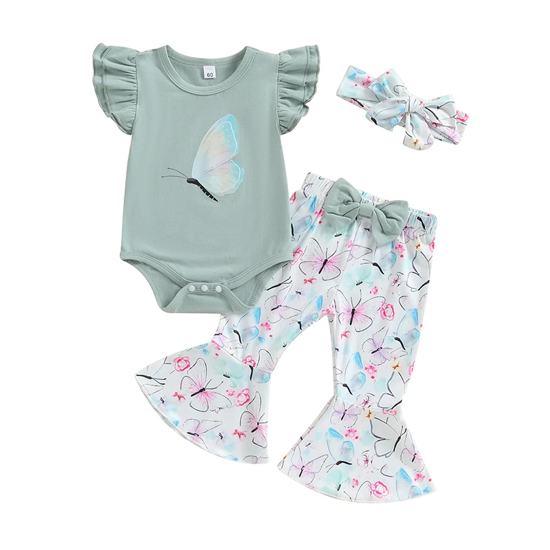 

Baby Girl Outfit Newborn Clothes Summer Print Romper With Flare Pants And Bows Headbands Infant Clothing Set