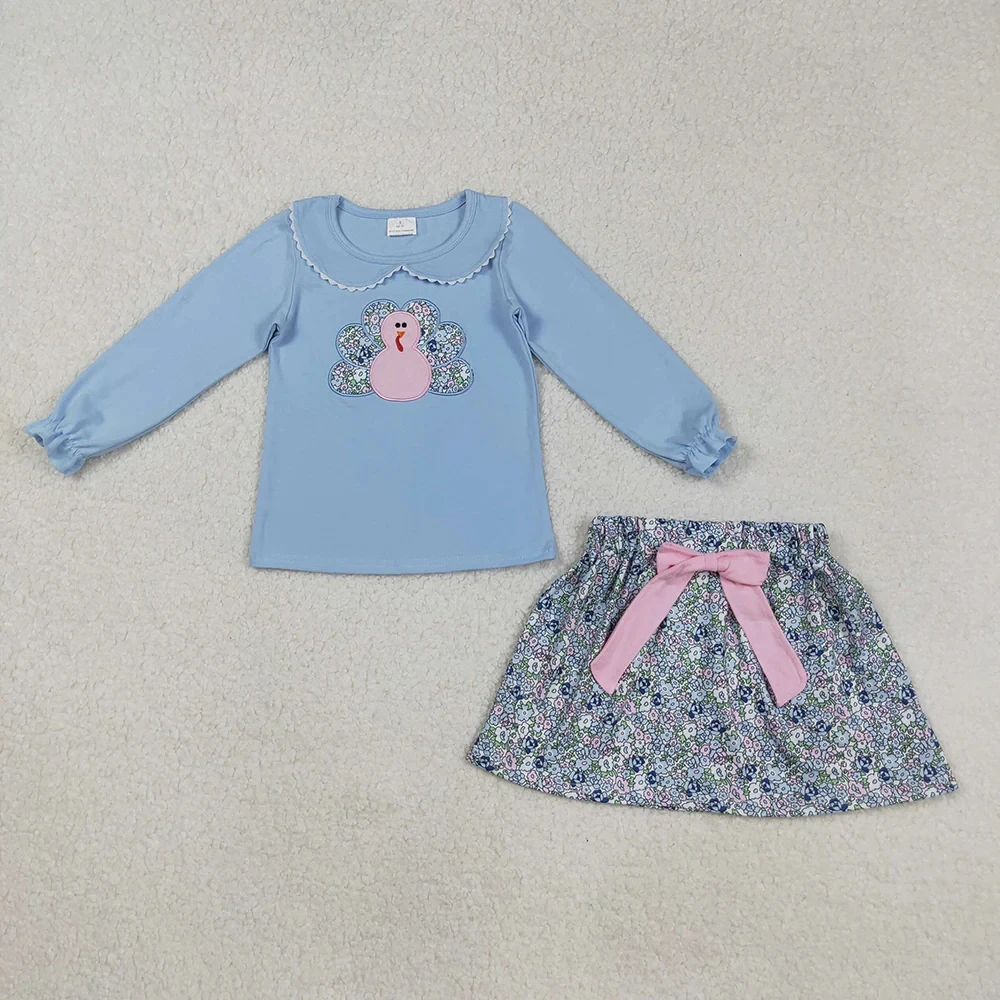 9.2 Wholesale Toddler Girl Thanksgiving Set Blue Long Sleeves Embroidery turkey Floral Skirt Outfit Children Baby Kids Clothes