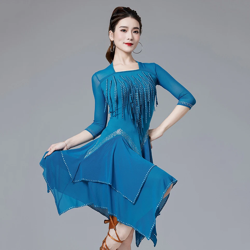 Women One-Piece Latin Dance Dresses Gilr Salsa Samba Sling Stretchy Dress Half Sleeves Fringes Competition Costume Set