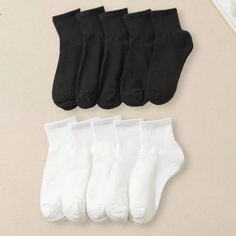 10 Pairs Women Solid Black White Socks Simple Fashionable Versatile Deodorizing Antibacterial Comfortable Mid Length Socks