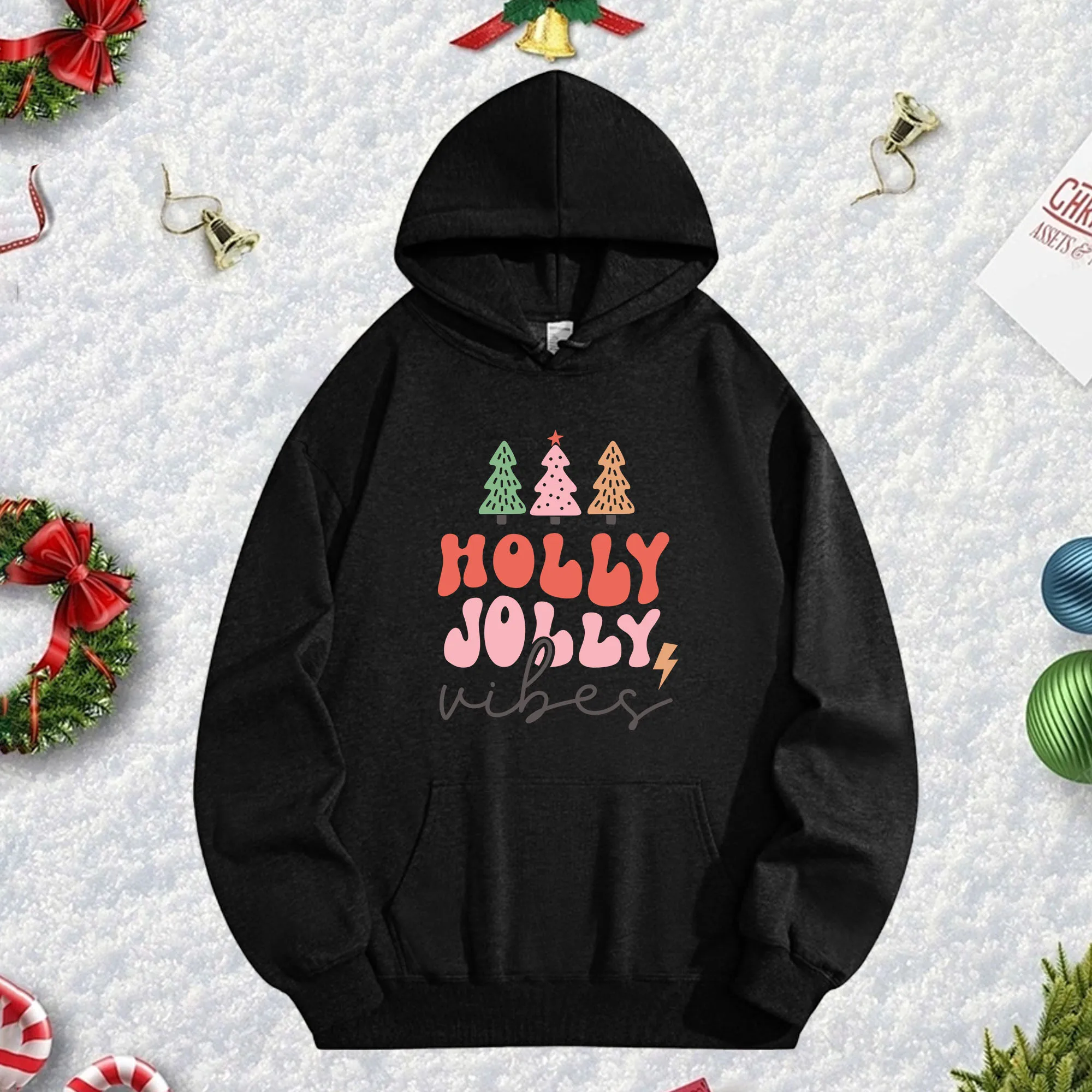 

Черная толстовка Holly Jolly 270G для мужчин и женщин, уютный флисовый пуловер большого размера на осень/зиму, Рождество, Новый год
