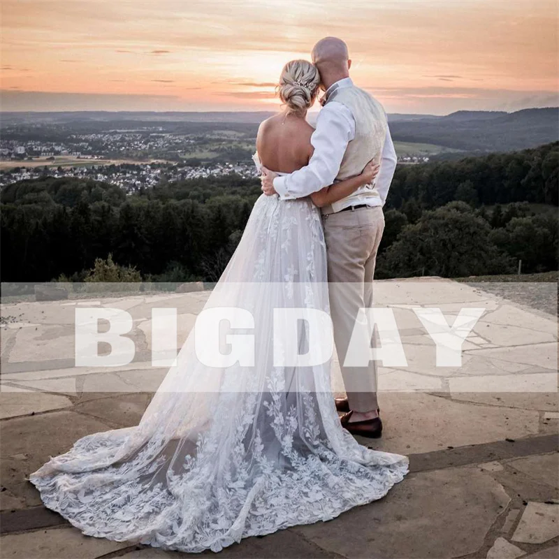 Vestidos de casamento A-Line elegantes para mulheres, branco, costas abertas, laço, querida, fora do ombro, vestido de noiva, trem varredor