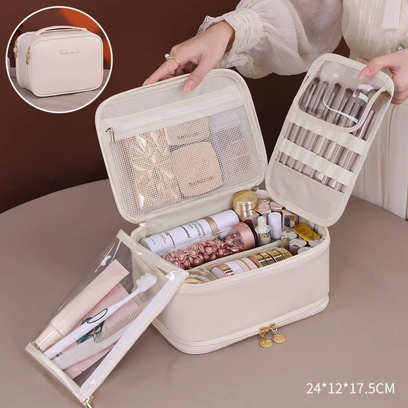 

Double-layered Luxury cosmetic bag portable partition jewelry bag Large Capacity travel essential cosmetics organizer Makup bag