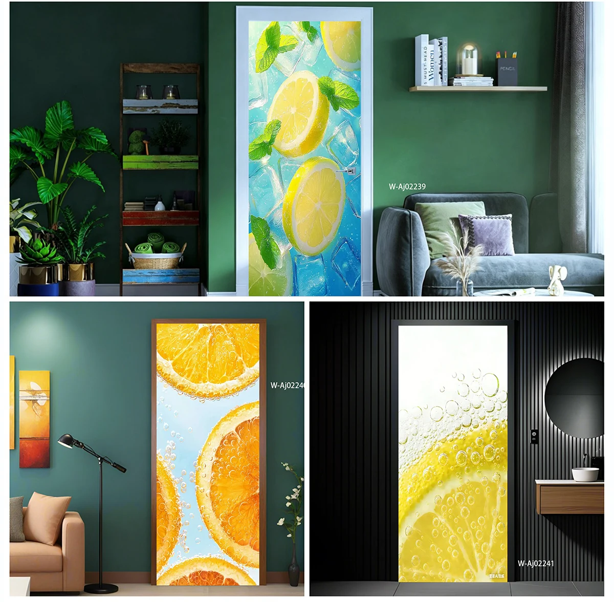 Fresh Lemon Orange Fruit Door Sticker Peel & Stick Waterproof PVC Removable Door Mural Kitchen Bathroom Door Decor