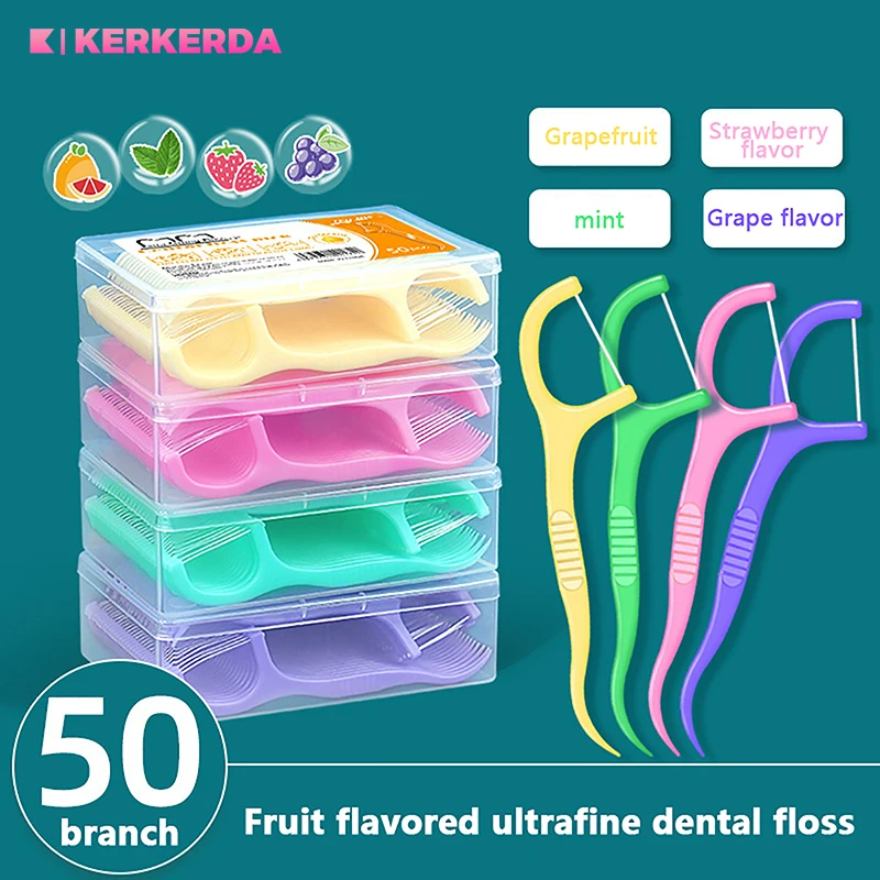 50Pcs/Box Floss Toothpick Set Colorful Fruit Flavor Dental Floss Stick Tooth Cleaning Dental Floss Pick Oral Hygiene Care