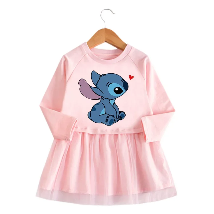 MINISO Disney Stitch 2023 Spring and Autumn New Girls Dress Cartoon Long Sleeve Mesh Skirt Princess Skirt