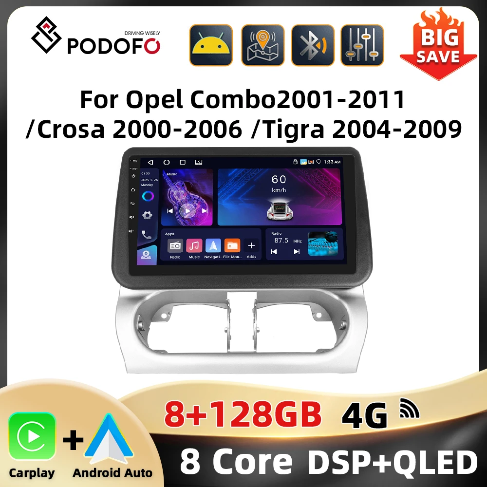 Podofo 8 + 128G 2Din صوت السيارة لأوبل كومبو 2001-2011/كروسا 2000-2006 /تيجرا 2004-2009 Carplay أندرويد السيارات واي فاي GPS BT RDS DSP