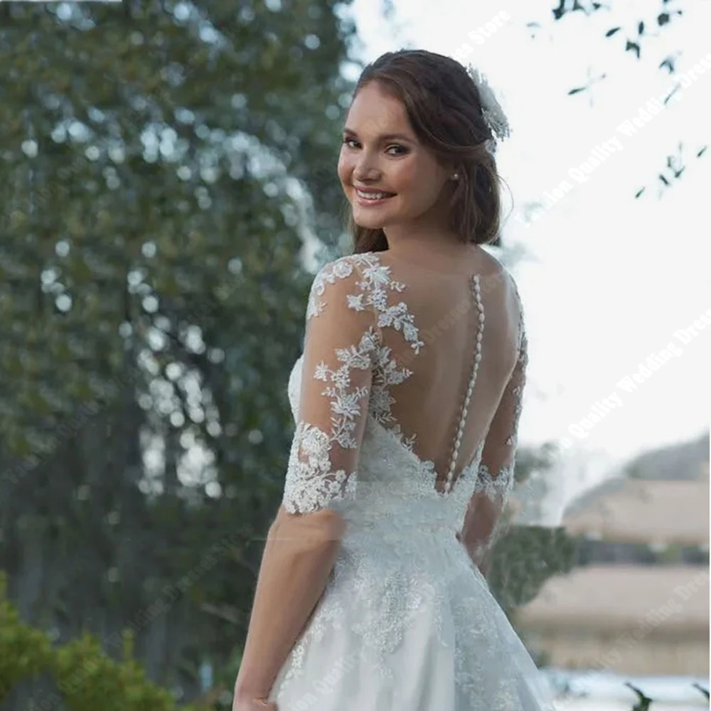 Glänzende Tüll Frauen Brautkleider Spitze Dreiviertel ärmel Tüll rücken freie Brautkleider neue lange Schwanz Frauen Vestidos de Novias