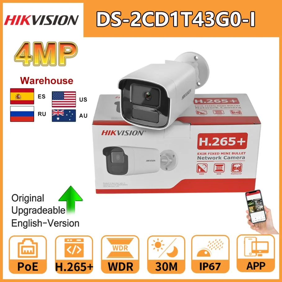 Hikvision IP Camera 4MP Fixed Bullet PoE Network Camera DS-2CD1T43G0-I IP67 IR Night Vision Video Surveillance Original Version