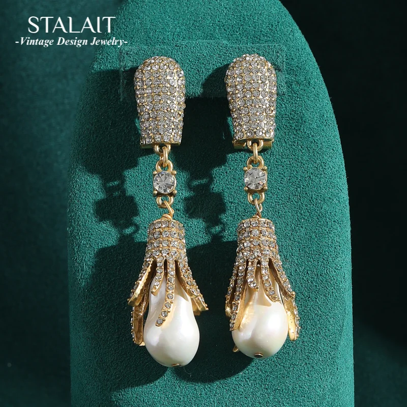 

Vintage Jewelry Long Water Drop Pearl Earrings Freshwater Gold Color Dangle Luxury Designer Accessories For Women Charm Antique