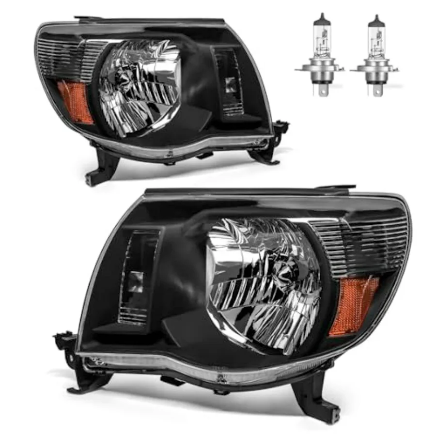 Headlights W/Bulbs for 2005-2011 Tacoma Halogen Headlamp Replacement Driver Passenger Side Black High-Lumen Brightness