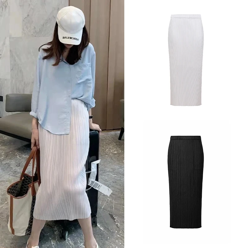 

Three-Quarter Length Pleated Elastic Waist Pure Color Versatile High Waist Midi Skirt for Business Casual Summer 2024