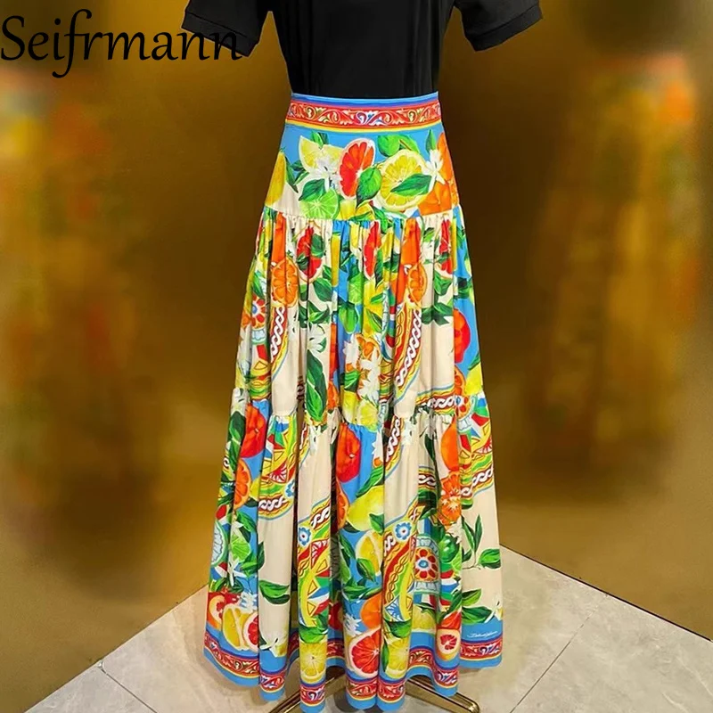 

Seifrmann Fruit Printed Cotton Half Skirt for Autumn 2025, Countryside Style Flower Color Long Half Skirt