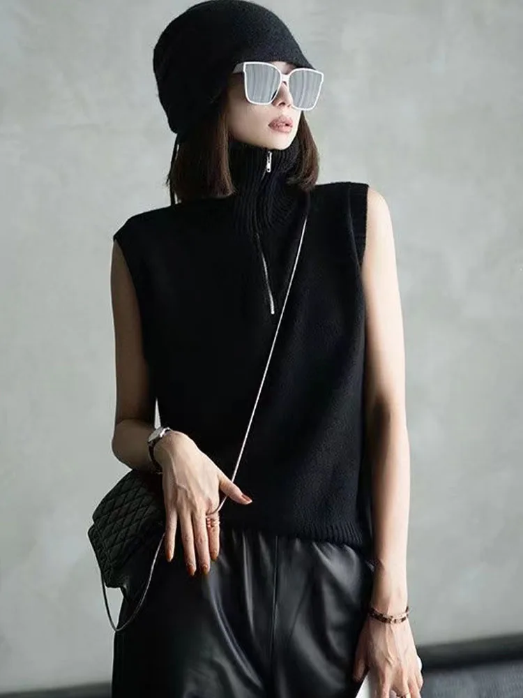 

Весенне-осенний женский вязаный жилет с открытым верхом на молнии, американский топ с подкладкой на плечо, обычная длина, Faion для поездок на работу