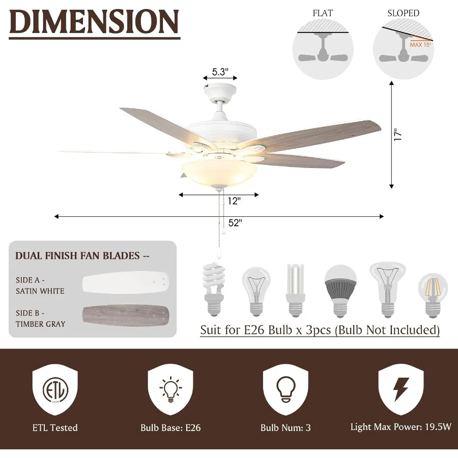 52 بوصة مروحة سقف ريفية للمزرعة مع ضوء الثريا لغرفة النوم فلوش جبل مراوح السقف في الهواء الطلق للباحات سلسلة سحب C #2