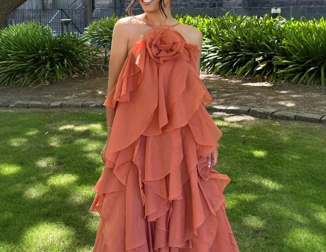 

Summer 2025 Women's New Resort Style Three-dimensional Flower Halterneck Backless Ruffle Dress