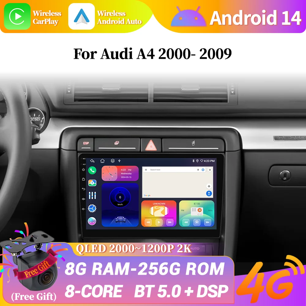 

Android 14 для Audi A4 2000-2009 гг., автомобильное радио, мультимедийная стереонавигация, Bluetooth, беспроводной Apple Carplay, головное устройство, сенсорный экран