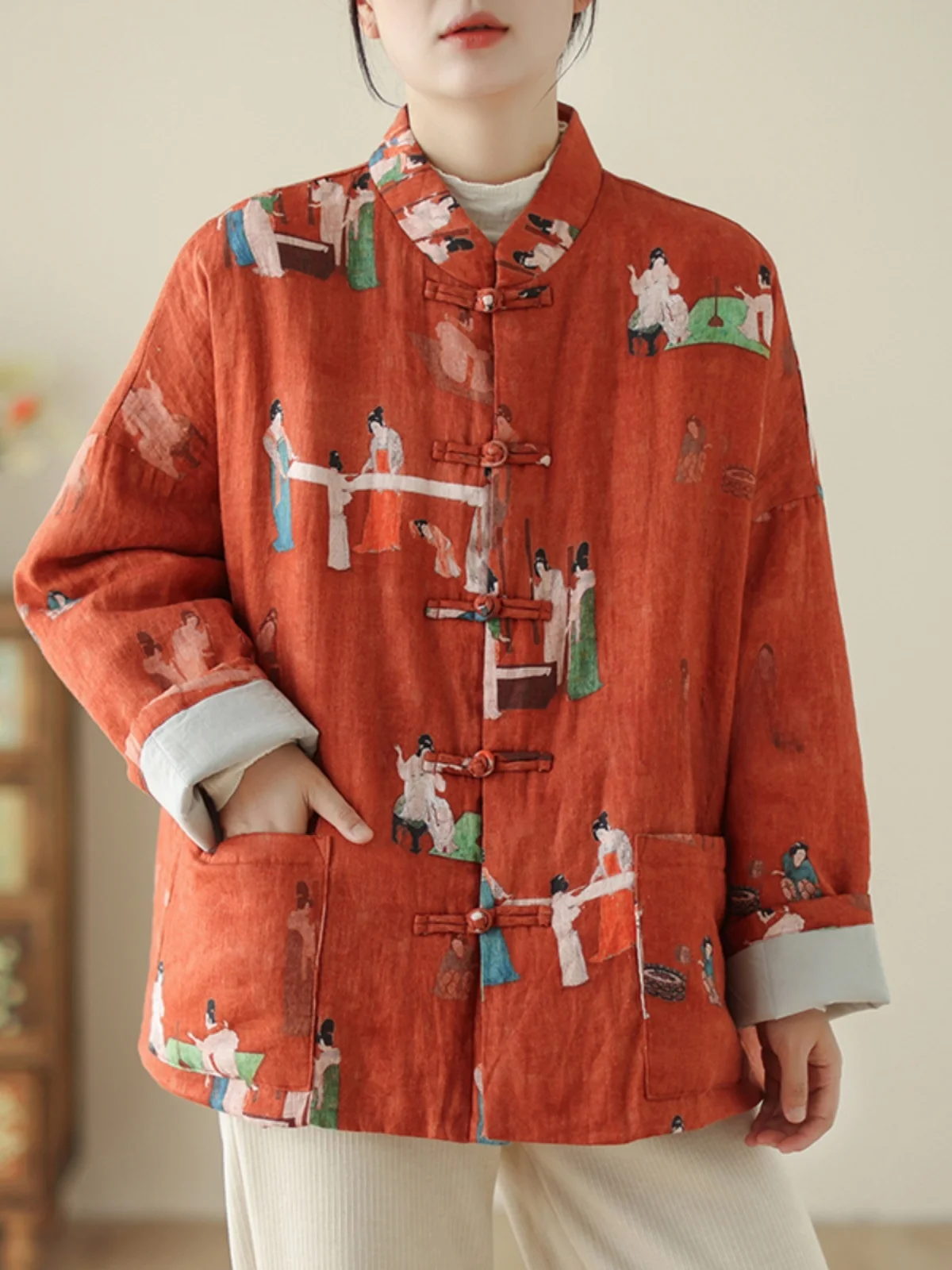 

Новое китайское хлопковое пальто с принтом в стиле ретро, женское зимнее длинное льняное хлопковое пальто с воротником-стойкой и пуговицами