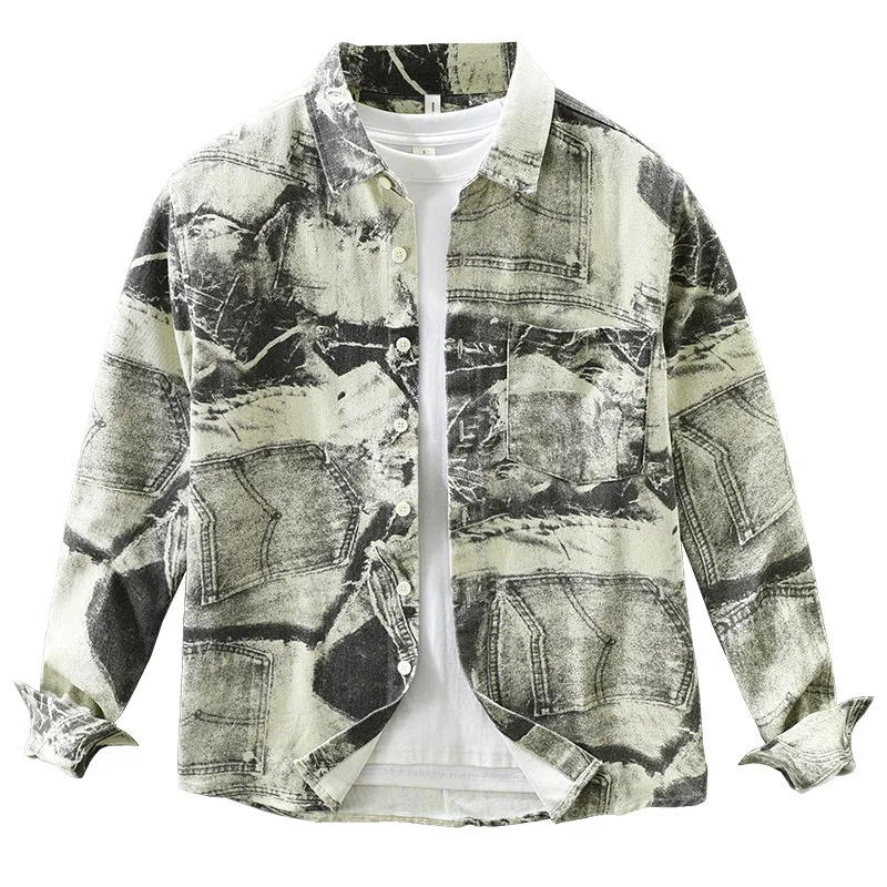 Japanese Style Vintage Printed Shirts Man Fashion Streetwear Men Long Sleeve Top Spring Fall Youth Trip Shirt Pure Cotton Shirt