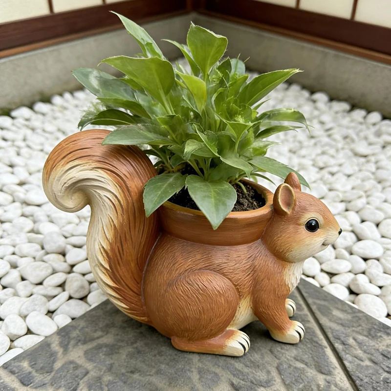Squirrel Resin Flower Pot Ornament Animal Figurine Home Balcony Courtyard Decor Craft Decoration