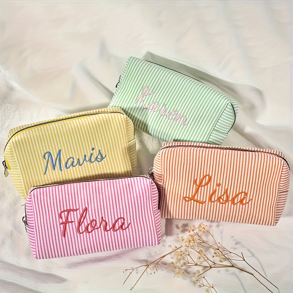 Embroidered Name Seersucker Makeup Bag Custom Cosmetic Toiletry Pouch Personalized Bridesmaid Gift for Wedding Travel Storage
