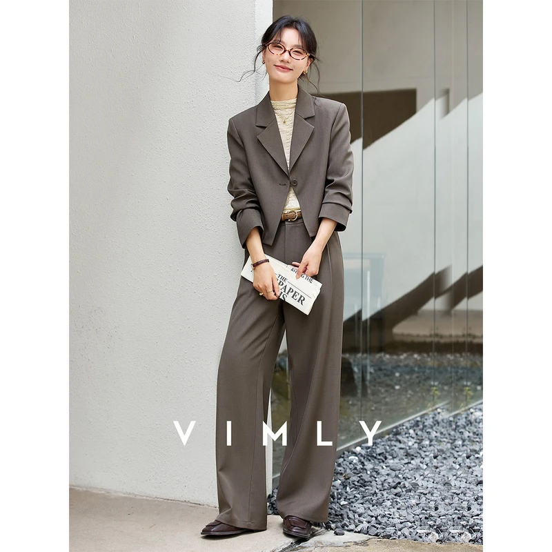 

VIMLY Women Office Work Wear Pant Suits 2025 Brown Autumn Cummute Outfits Wide Legs Long Pant Blazer Ladies 2 Piece Sets A2658