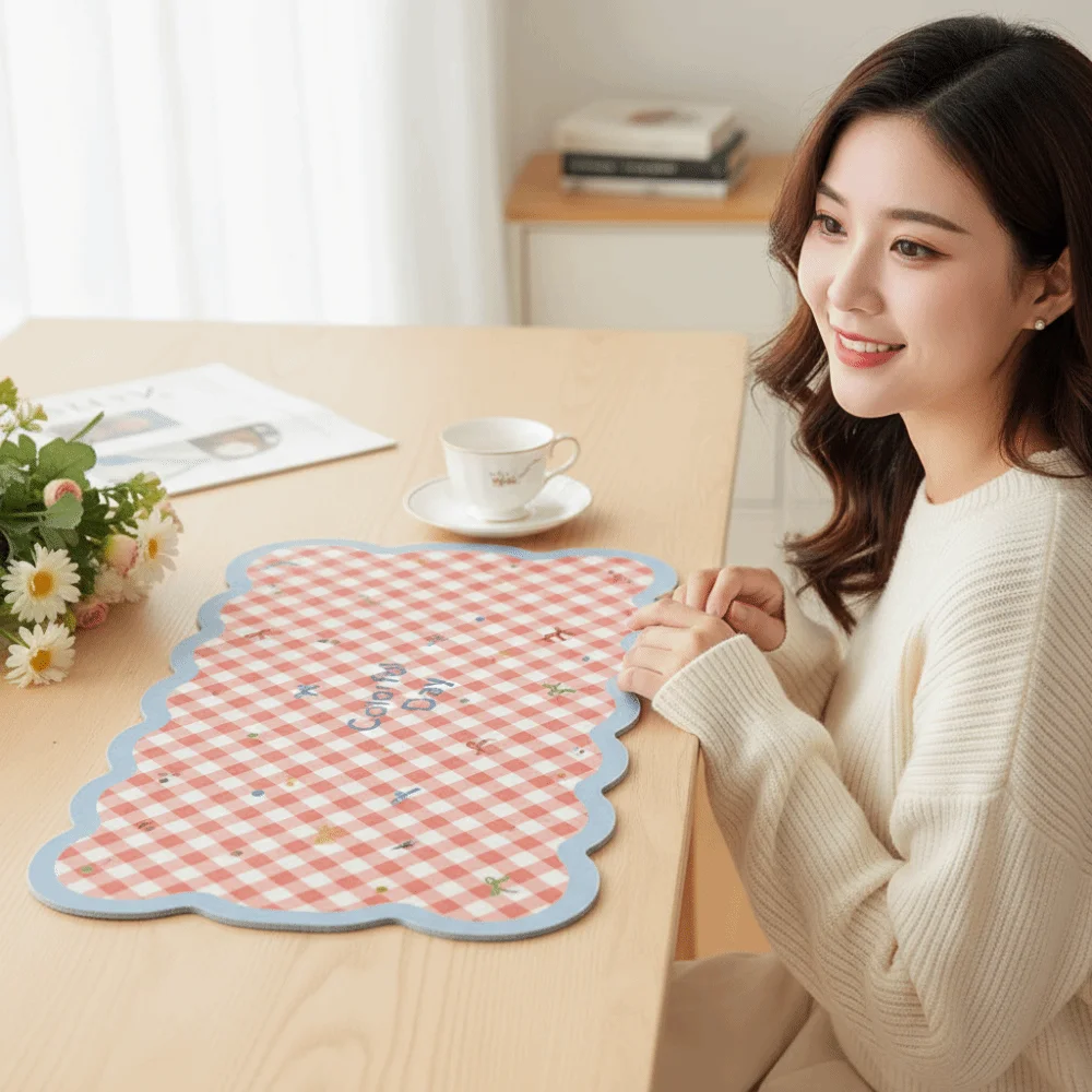 Table Cushion Gingham Desk Mat Wavy Edge Cute Table Blotter Washable Non-slip Mouse Pad Students