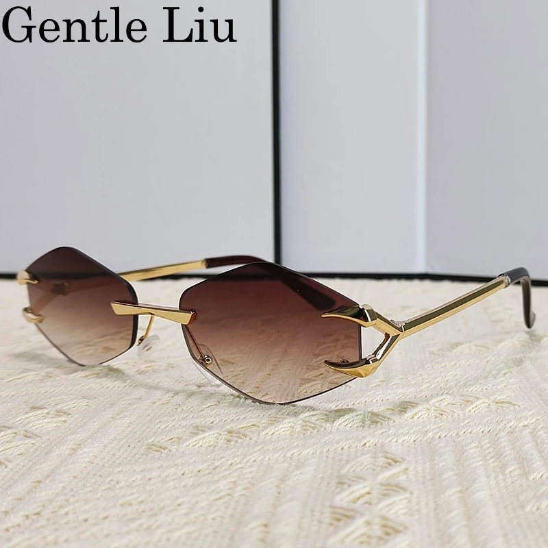 Small Hexagon Rimless Sunglasses Women Men 2025 Luxury Brand Polygon Sun Glasses For Ladies Retro Metal Frame Eyewear UV400