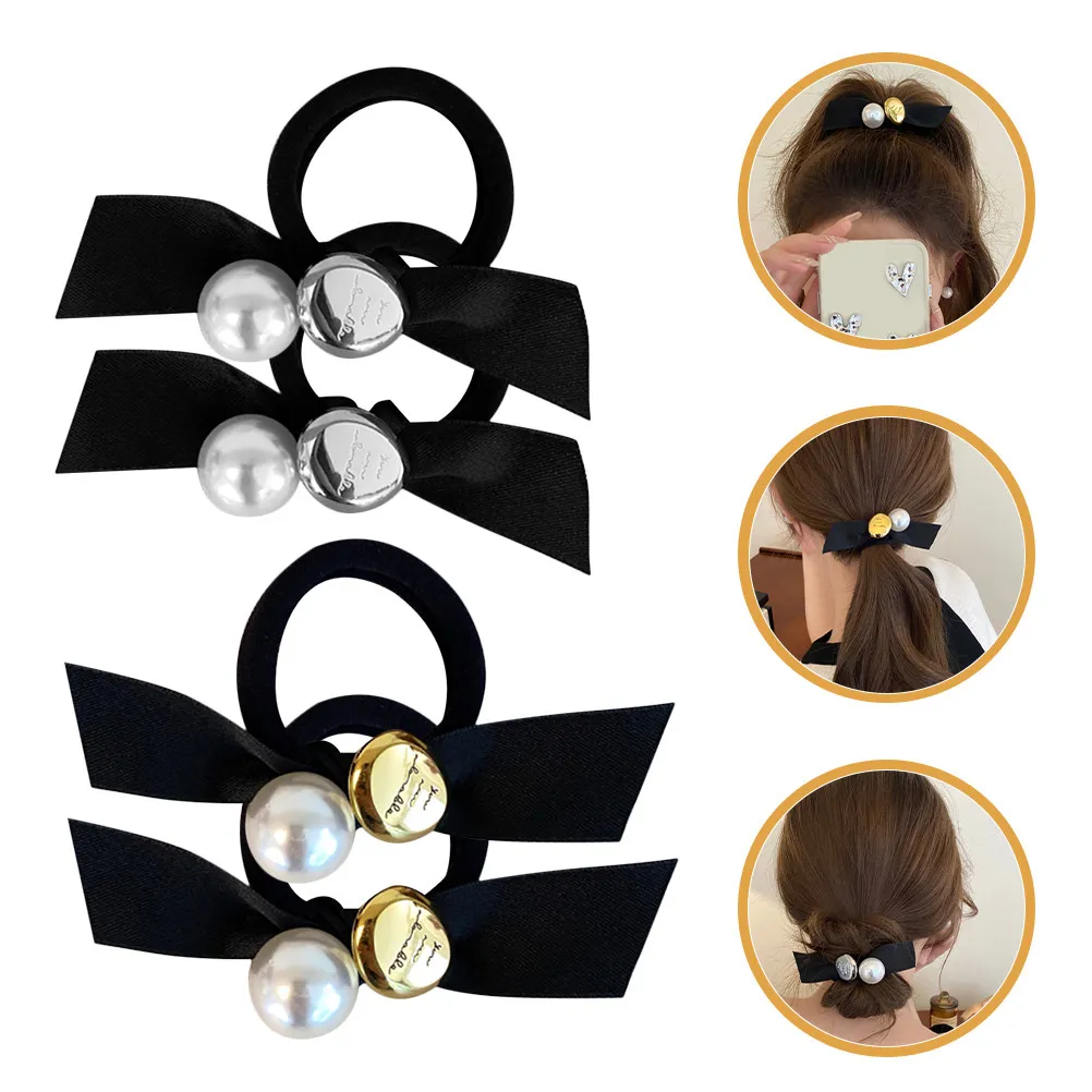 

4Pcs Bow Hair Tie Pearl Decor Elastic Hair Rope Cute Ponytail Holder for Girls Women Daily Party Bow Scrunchies for Women