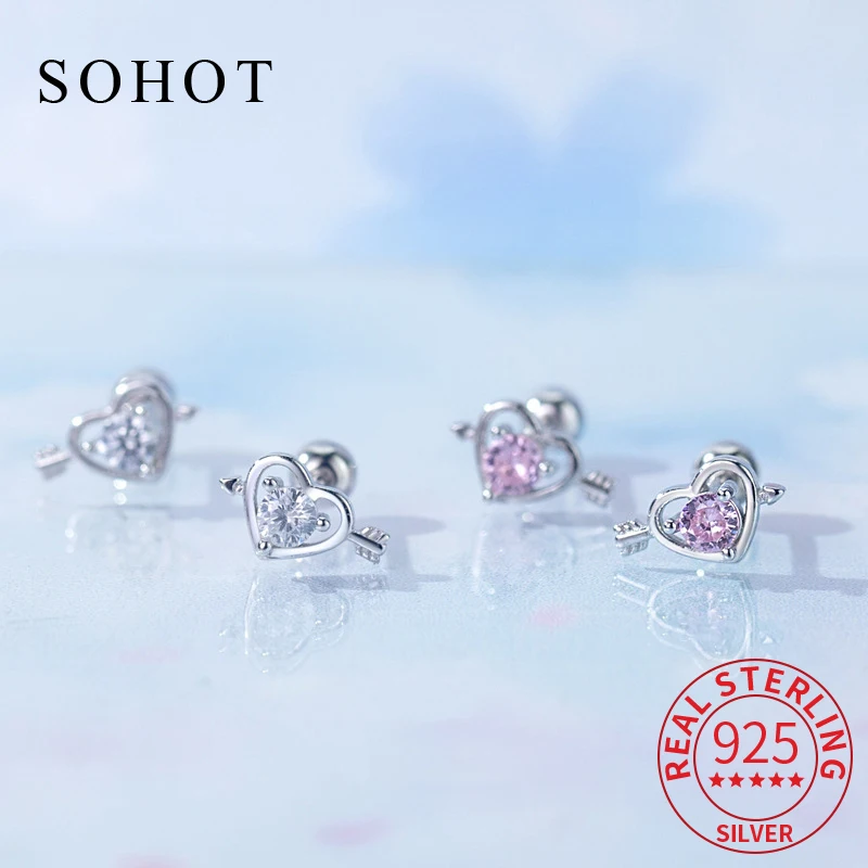 

Real 925 Sterling Silver Piercing Screw Bead Geometric Heart Zircon Mini Stud Earrings for Women Cute Fine Jewelry Accessories