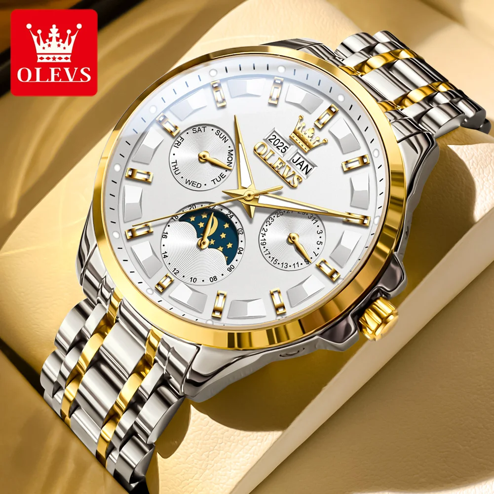 OLEVS Men's Watches 7070 Luxury Fashion Original Automatic Mechanical Watch for Man Calendar Moon Phase Waterproof Luminous Date