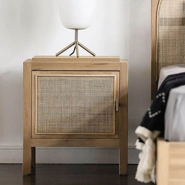 Nordic rattan bedside table light luxury Japanese solid wood locker