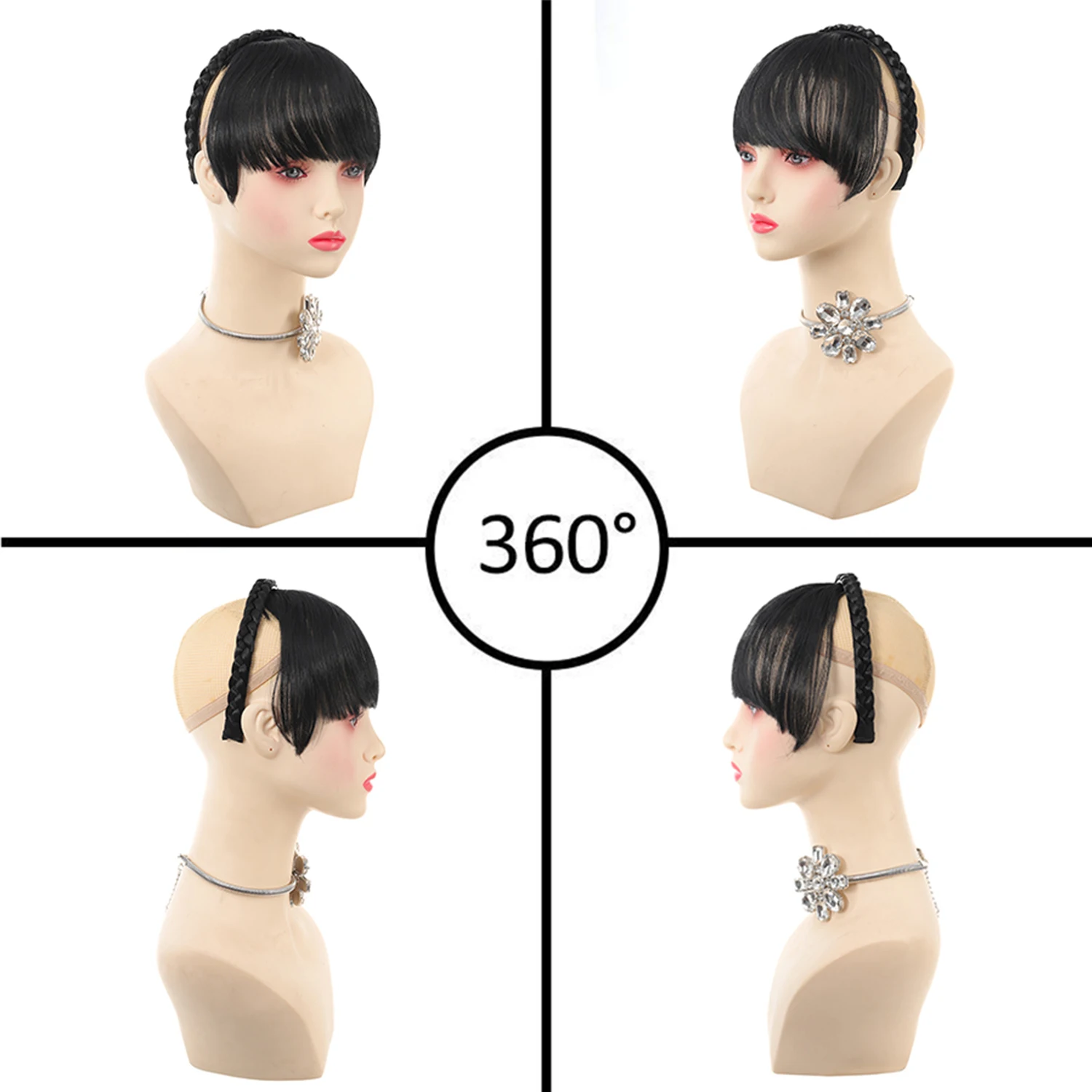 Grzywka z plecioną opaską do włosów, syntetyczne doczepy na klips, eleganckie do codziennego użytku.