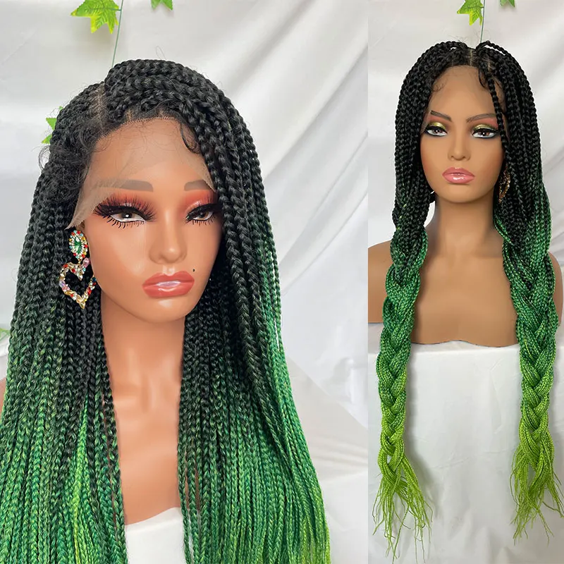 

36" Braids Lace Frontal Wig Synthetic Ombre Green Hand Braided Wigs With Baby Hair For Black Women