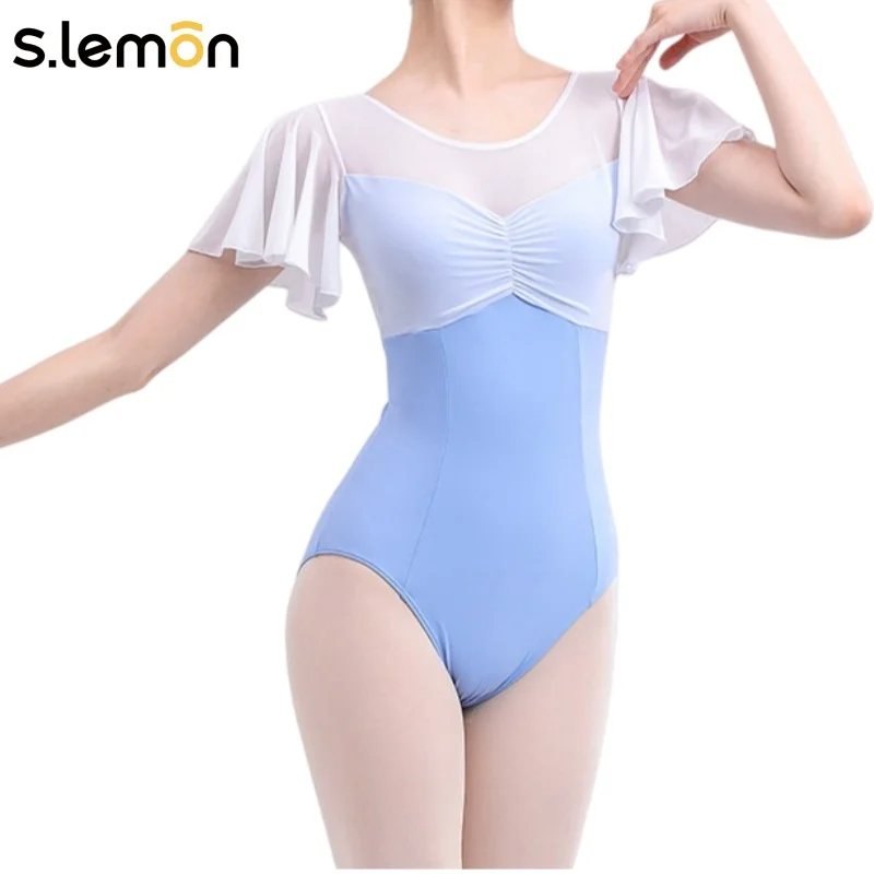 

Women Ballet Leotard Ruffled Sleeve Printed - Padded Bra Dance Exam Gymnastics Leotards Bodysuit for Girls
