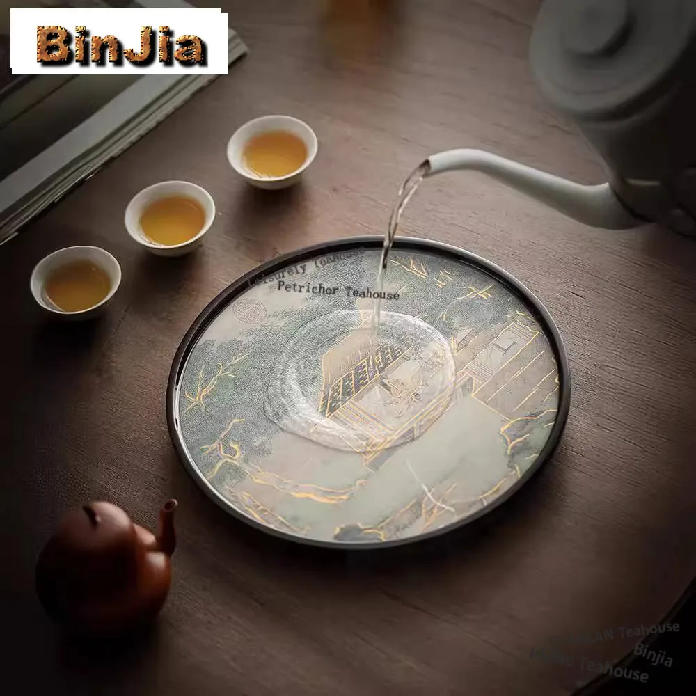 Chinese Color Changing Circular Bamboo Tea Tray Zen Tea Board Tea Brewing Dishes for Serving Teaware Accessories Decoration