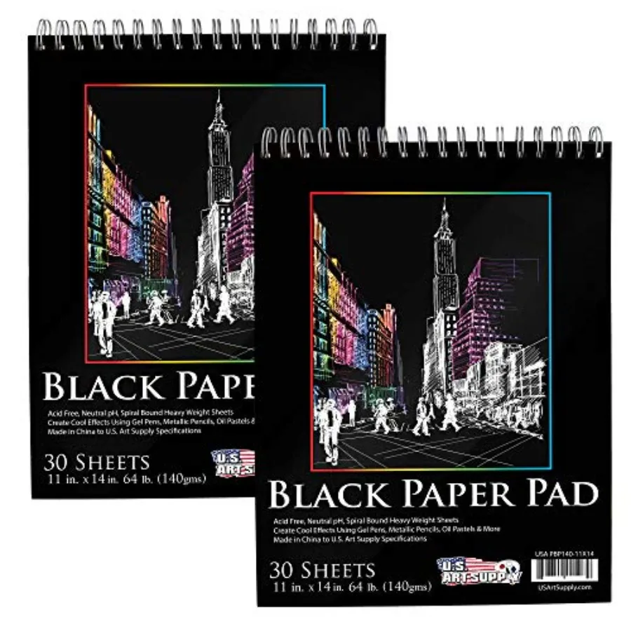 

11x14 Premium Heavy-Weight Black Paper Sketchbook, 64lb 140gsm,2 Pack, 30 Sheets, Spiral Bound, Black Paper Notebook for Colore