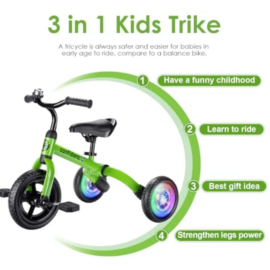 3 in 1 Folding Balance Bike for Toddlers Age 2-5 Years Old Green Ride-on Toy with Adjustable Seat and Removable Pedals Lightwei