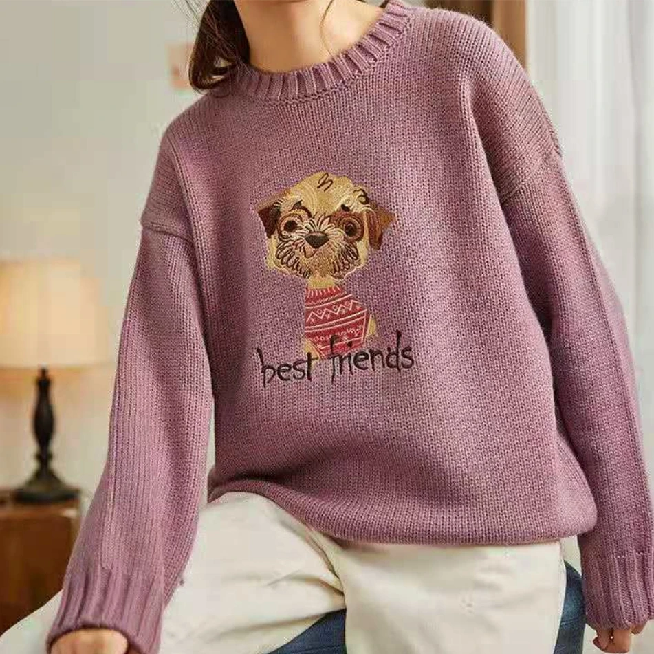 女の子のためのカワイイ子犬刺embroideryセーター、暖かく保つ、大きくて丈夫なネックプルオーバー、漫画のジャンパー、かわいい人形、冬、秋、ヴィンテージ、y2k