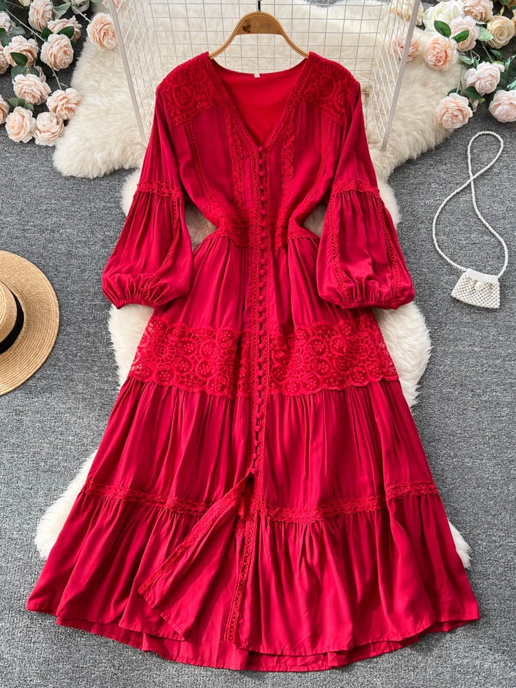 Spring Autumn Elegant Evening Party Dress Women Fashion Bubble Sleeve French Vintage Long Dresses Ladies Casual Beach Dress