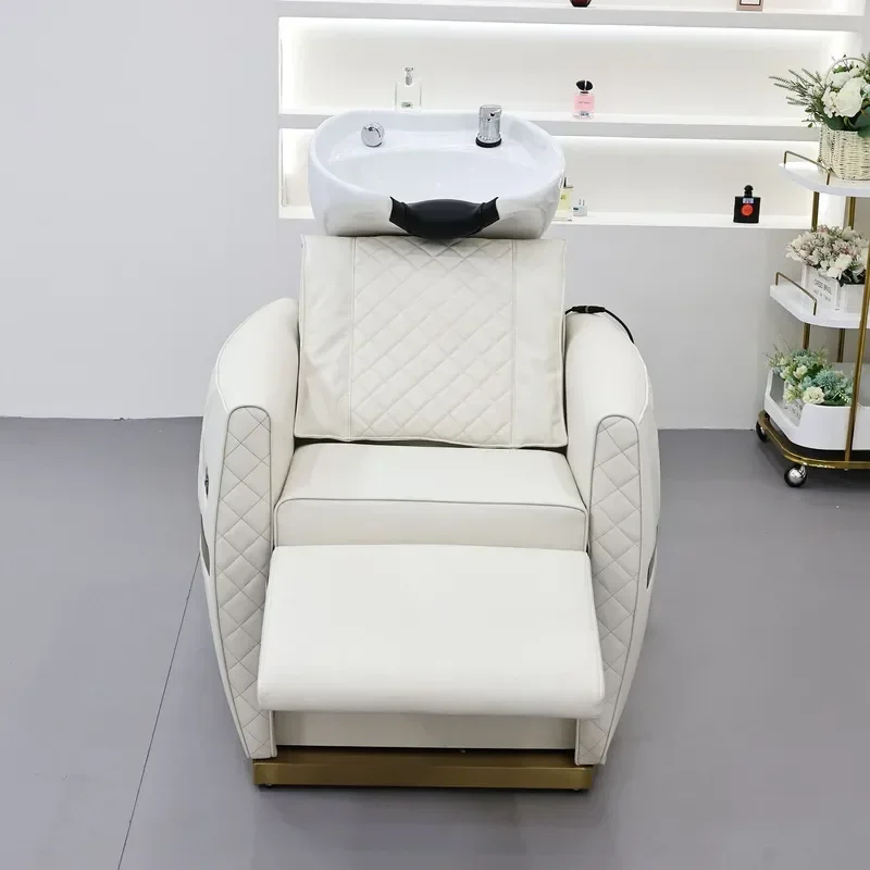 Japanese Style Ceramic Basin Shampoo Bed for Hair Barber Shop Seated Washing Station with Flush System Professional