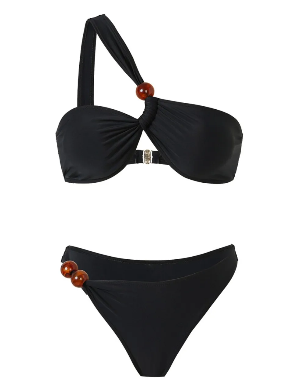 2026 One Shoulder Bikinis Sexy Black Bandeau Swimsuit Women Bead Linked Swimwear Female Bathers Bathing Swimming Suit Beachwear