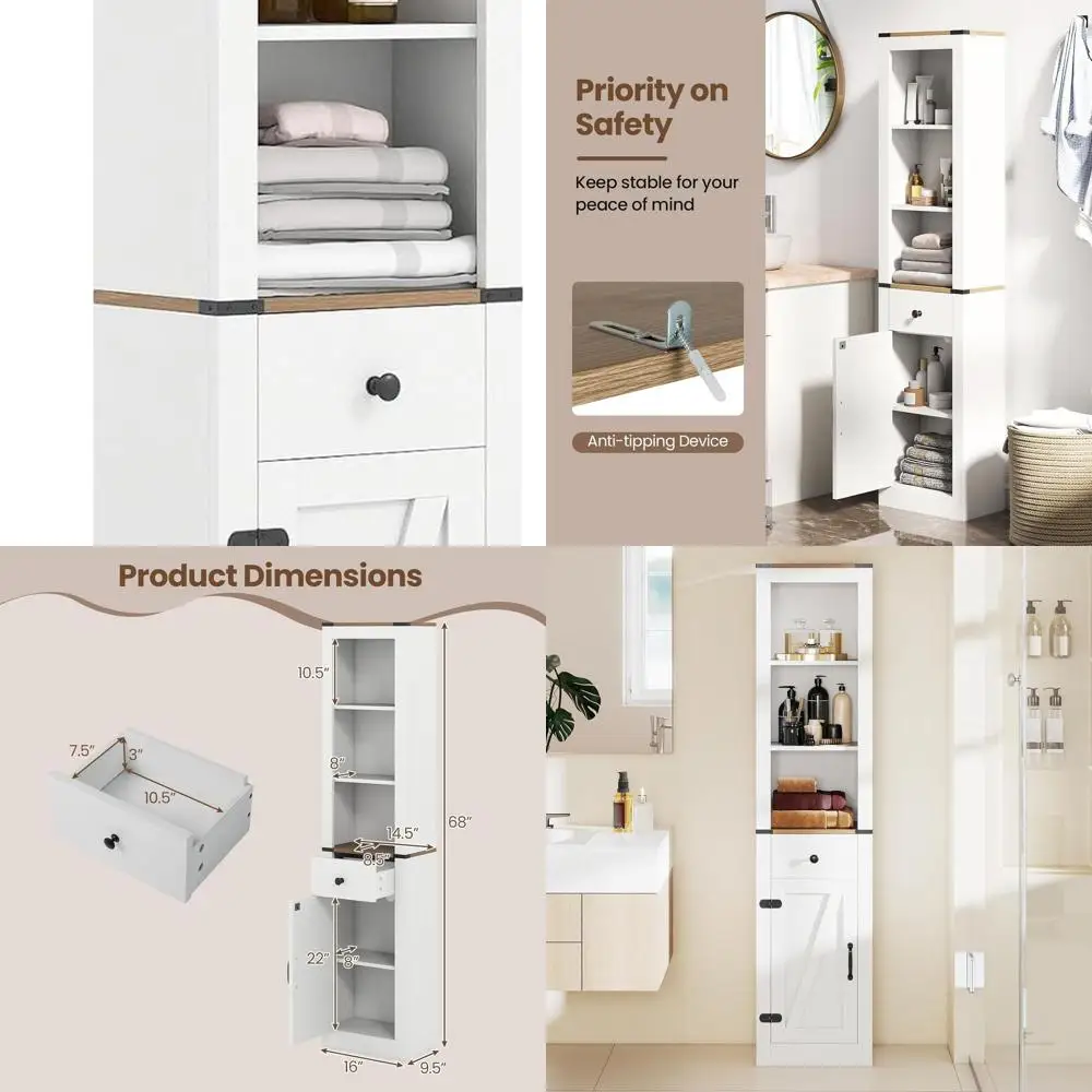

Farmhouse-Style 68 Tall Bathroom Storage Cabinet with Pull-Out Drawer, Adjustable Shelf, and 3 Open Shelves for Multi-Room Use