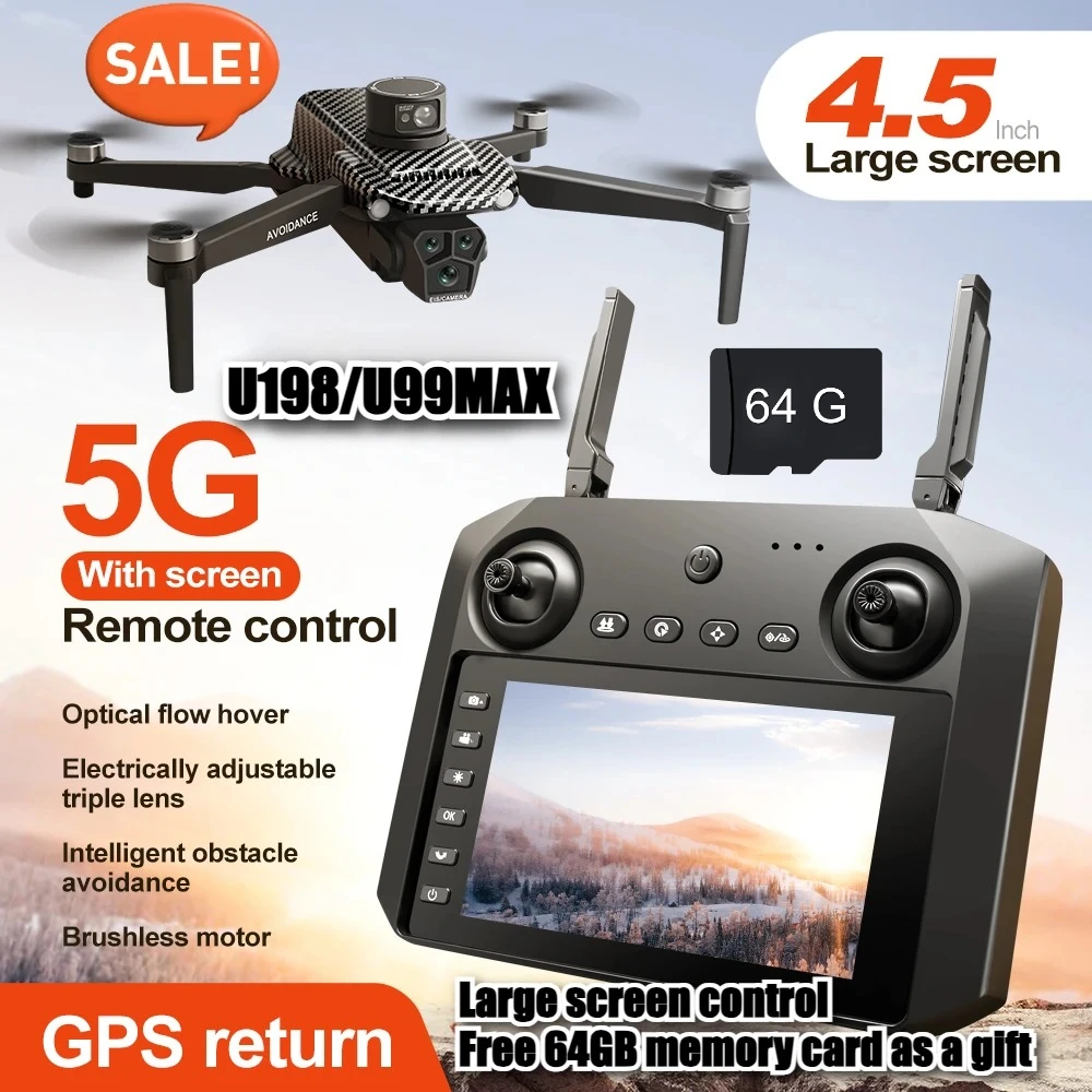 

U198/U99 4.5-inch screen controlled drone GPS positioning dual camera brushless motor aircraft laser obstacle avoidance remote