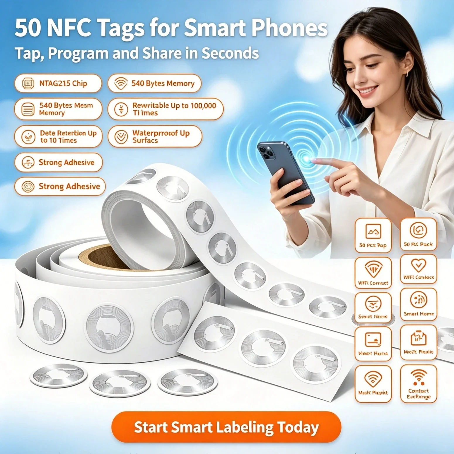 10-50Pcs High Capacity NTAG215 NFC Stickers, Adhesive Rewritable Tags for All NFC-Enabled Mobile Phones & Devices