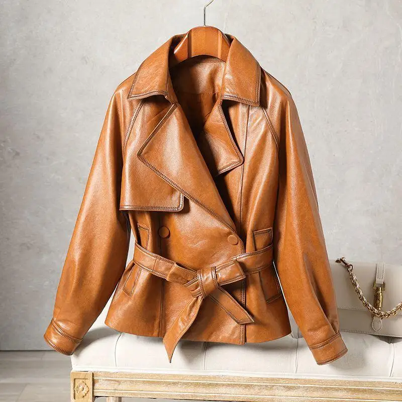 Oil Wax Sheepskin Leather Jacket Women Autumn Korean Fashion Loose Suit Collar Camperas De Mujer Tie-in Waist Short Trench Coats