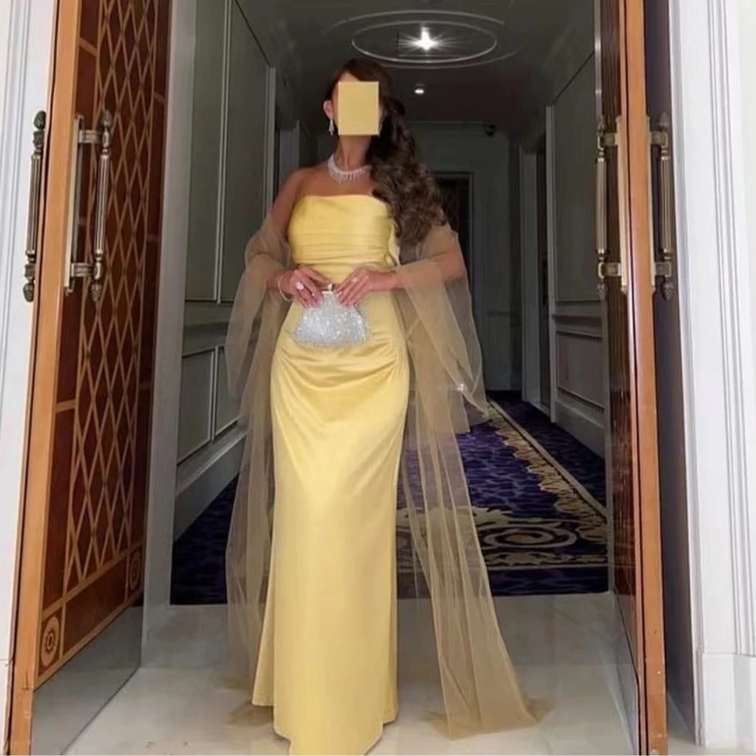 

Fashionvane Strapless Saudi Arabia Women Wear Yellow Prom Dresses with Tulle Long Wraps Special Party Evening Gowns