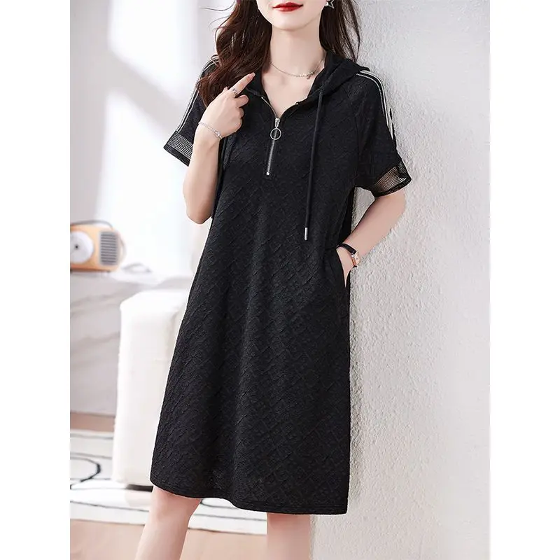 

Fashion Spliced Pockets Zipper Hooded Casual Dresses Women's Clothing 2025 Summer New Loose Commuter Short Sleeve Dresses